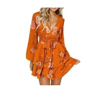 Elegant Floral Long Sleeve Dress in Orange